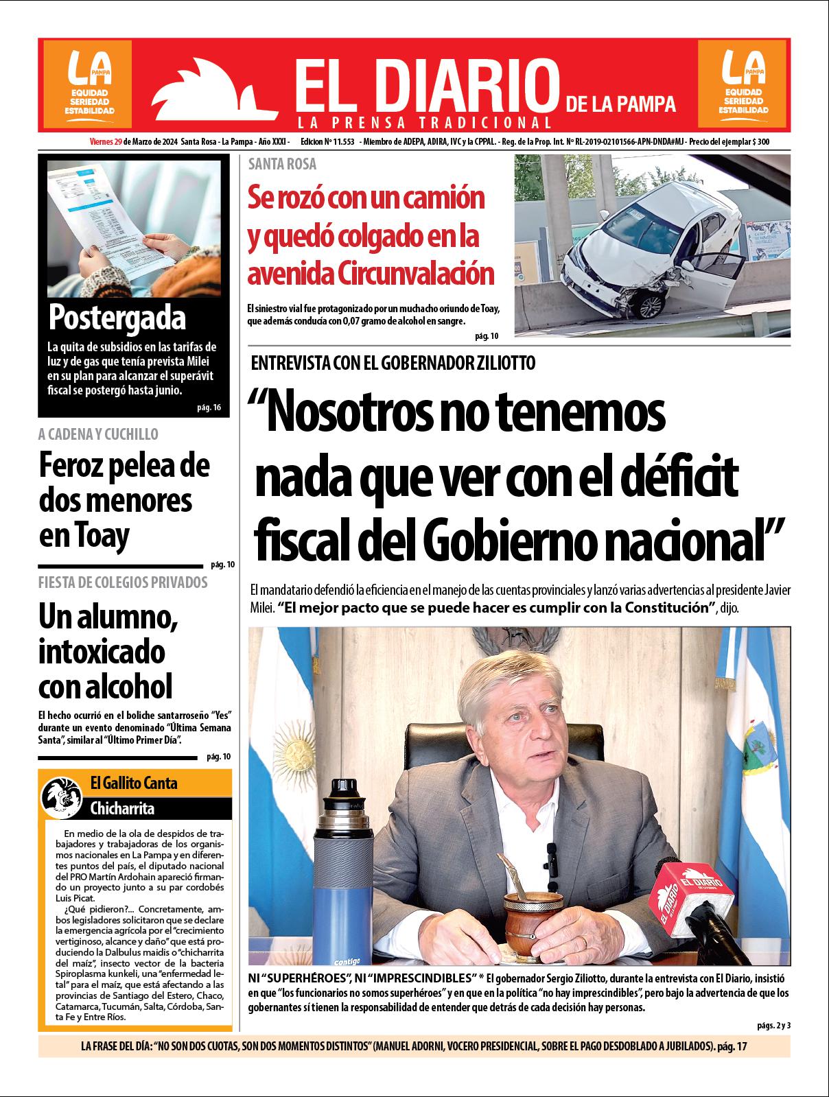 Tapa de El Diario en papel  viernes 29 de marzo de 2024